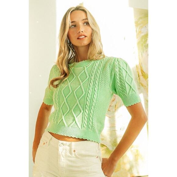 BiBi Sweaters - BiBi Mineral Acid Wash Y2K Cable Knit Short Sleeve Cropped Sweater Womens XL